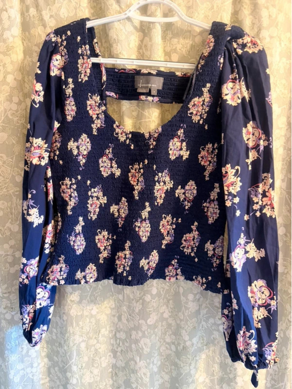 Anthropologie navy Maeve Smocked Open-Back Blouse size medium